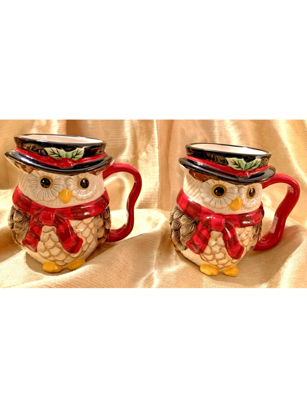 Owl Mug Cracker Barrel Christmas Holiday - NEW 3D Stoneware 2pc Country Kitchen